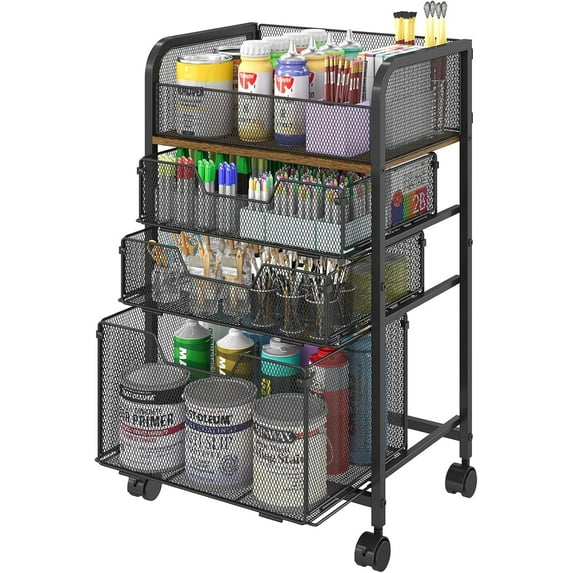 4-Tier Rolling Utility Cart with 3 Drawers - Craft Organizers and Storage with 360° Lockable Wheels,Art Supply Storage Organizer for Art Supplies, Store for Brushes & Paints & Artifacts Small Parts