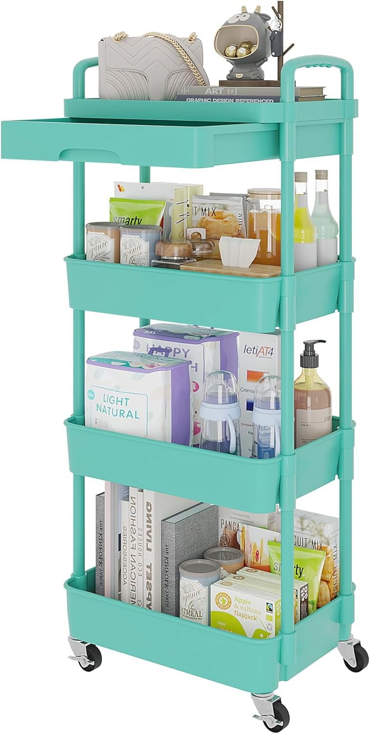 4-Tier Rolling Utility Cart with Drawer,Multifunctional Storage Organizer with Plastic Shelf & Metal Wheel,Storage Cart for Kitchen,Bathroom,Living Room,Office,Green