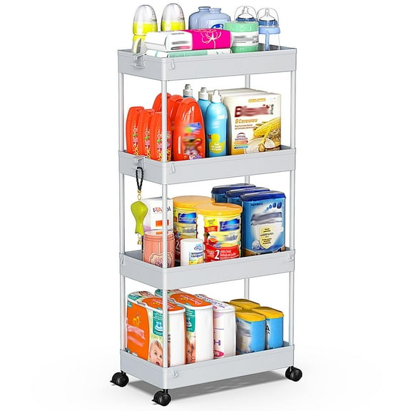 4 Tier Rolling Utility Cart with Drawer,REBECAT Utility Cart Made of Multifunctional Storage Organizer Tool for Kitchen,Bathroom,Living Room,Office(Gray)