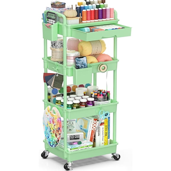 4 Tier Rolling Utility Cart with Drawer, Storage Organizer Cart with 2 Lockable Wheels, Multifunctional Rolling Storage Cart for Bathroom, Kitchen, Craft, Makeup, Baby Essentials, Green