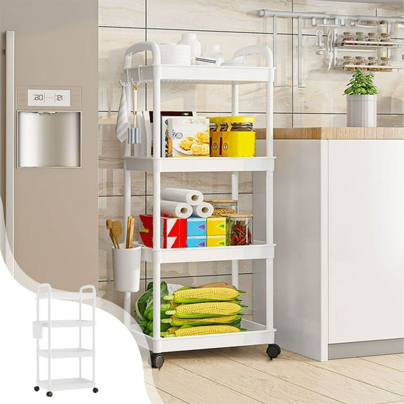 4-Tier Rolling Utility Cart,Multifunctional Comagtable Rolling Shelving with Handle for Room,Office,Kitchen,Bathroom
