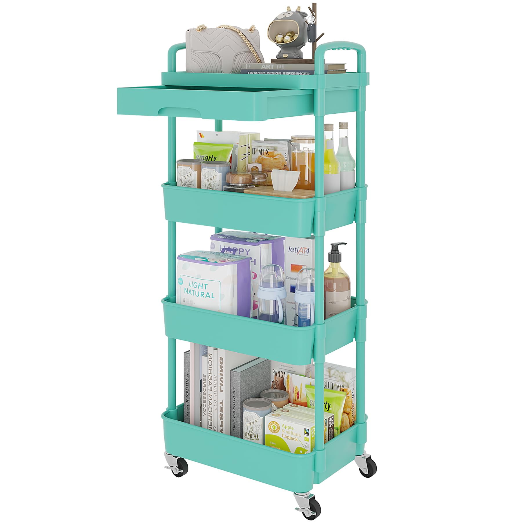 4-Tier Rolling Utility Cart with Drawer Multifunctional Storage Organizer Plastic Shelf Metal Wheels Kitchen Bathroom Office Storage Cart Black