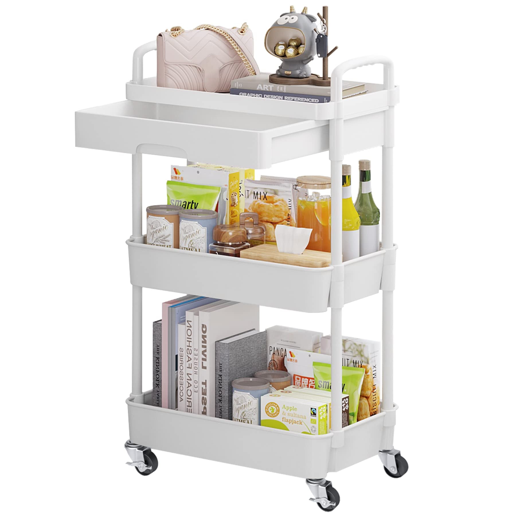 4-Tier Rolling Utility Cart with Drawer Multifunctional Storage Organizer Plastic Shelf Metal Wheels Kitchen Bathroom Office Storage Cart Black