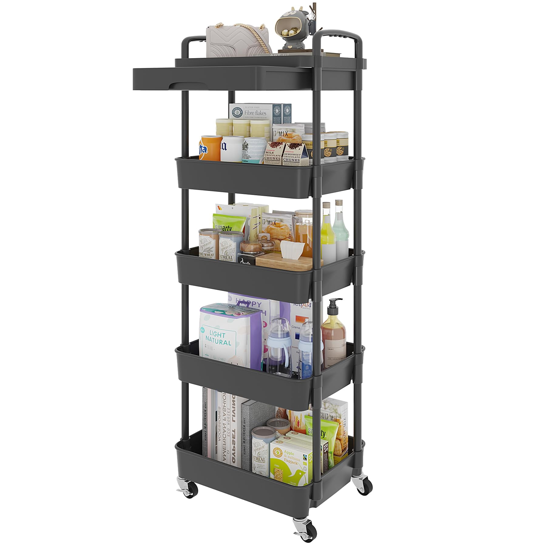 4-Tier Rolling Utility Cart with Drawer Multifunctional Storage Organizer Plastic Shelf Metal Wheels Kitchen Bathroom Office Storage Cart Black