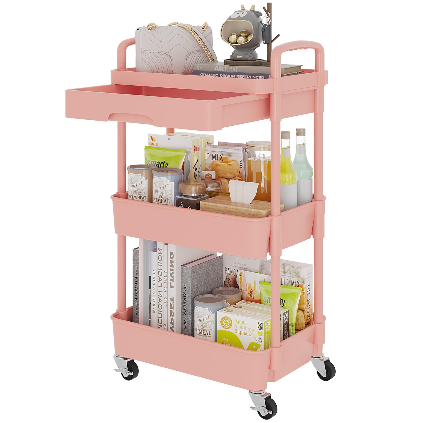 4-Tier Rolling Utility Cart with Drawer Multifunctional Storage Organizer Plastic Shelf Metal Wheels Kitchen Bathroom Office Storage Cart Black