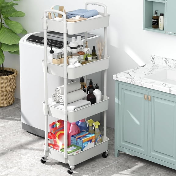 4 Tier Rolling Utility Cart with Handle and Lockable Wheels Plastic Storage Trolley for Home Office Kitchen White