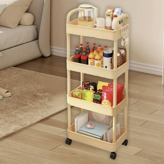 4-Tier Rolling Utility Cart with Wheels, Multifunctional Kitchen Storage Organizer Cart for Living Room, Bathroom, Dorm, Heavy Duty Metal Frame