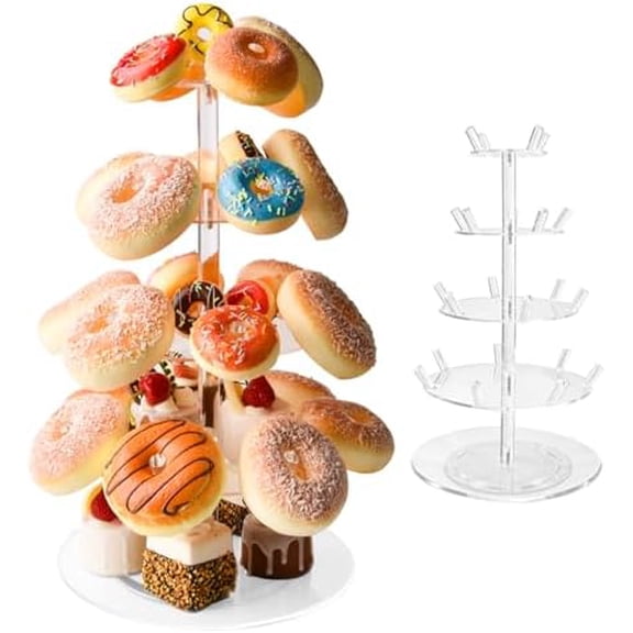 4 Tier Rotatable Donut Stand with 22 Pegs, Acrylic Dessert Table Display for Doughnuts, Bagels, Cupcakes, Donut Tower Stand for Birthday Wedding Party Baby Shower Christmas 9.84 x 16.93in