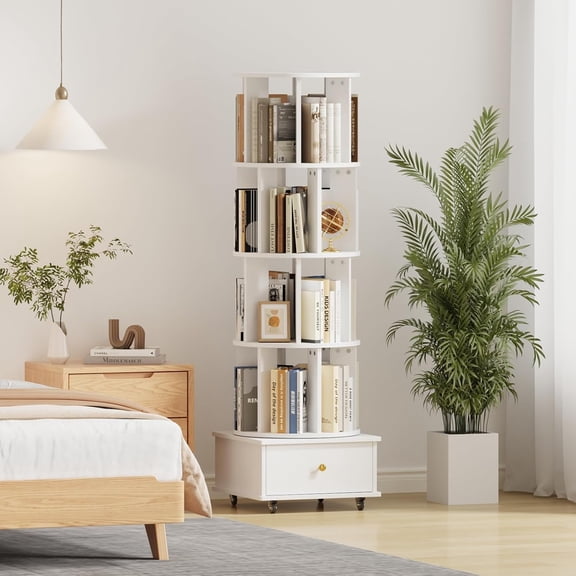 4-Tier Rotating Bookcase with Wheels and Drawers, 360° Swivel Corner Bookshelf, Solid Wood Storage Tower with Lockable Casters, Narrow Spinning Organizer for Home Office, Living Room, Bedroom
