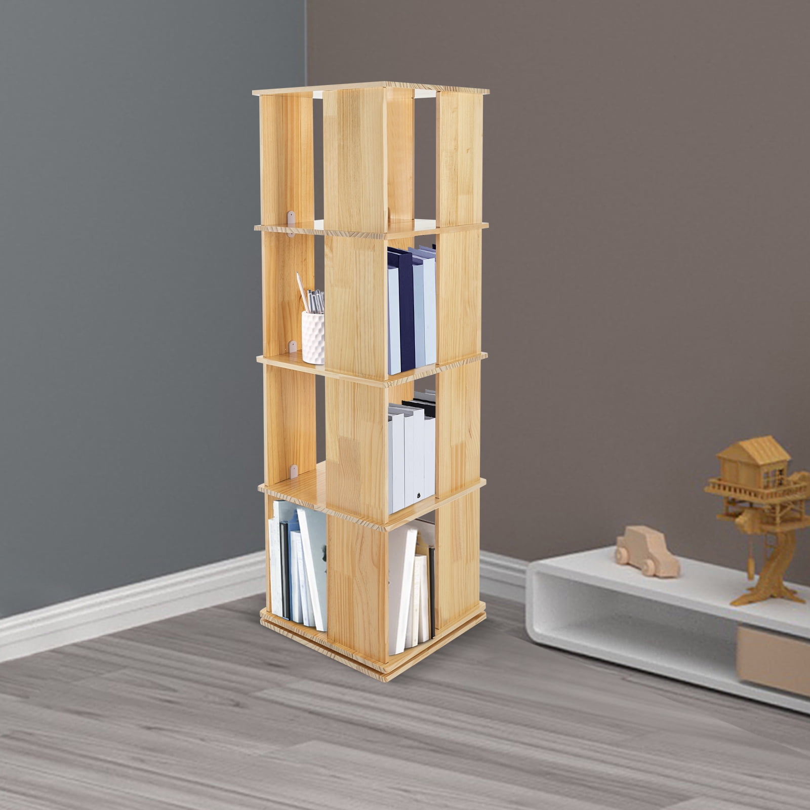 Revolving Design 4-Tier Rotating Bookshelf, 15.75x15.75x50 Inch, 360° Revolving Design ...