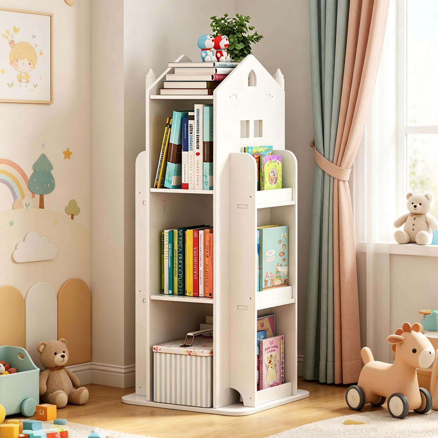 4-Tier Rotating Bookshelf, 360 Degree Display Book Shelf for Bedroom Living Room Study Room, Floor Standing Bookcase for Kids, PVC Wood-Plastic Board, White