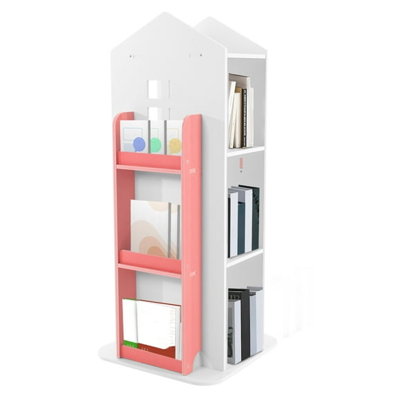 4-Tier Rotating Bookshelf,360° Display Bookshelf,PVC Wood-plastic Board, ABS Floor Standing Bookcase for Bedroom, Living Room, Study Room(Pink)