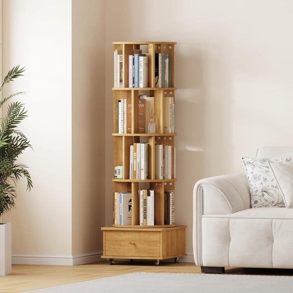4 Tier Rotating Bookshelf with Drawer, 360° Display Spinning Corner Bookcase with Wheels, Storage Rack for Small Spaces, Narrow Wood Book Shelf for Bedroom Living Room Study