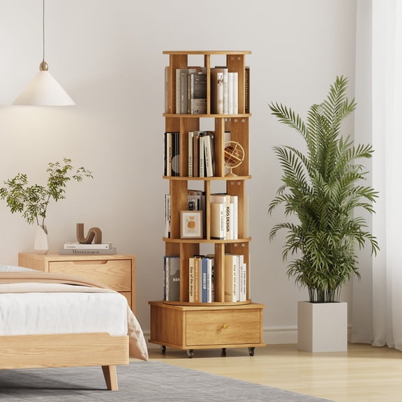 4 Tier Rotating Bookshelf with Drawers on Wheel,360° Display Spinning Corner Book Shelf Tower,Narrow Tall Bookshelves,Small Revolving Bookcase,Wooden Book Shelf Standing Storage Rack for Home