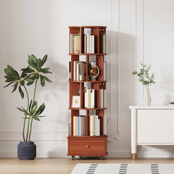 4 Tier Rotating Bookshelf with Drawers On Wheel,360° Display Spinning Corner Book Shelf Tower,Narrow Tall Bookshelves,Small Revolving Bookcase,Wooden Book Shelf Standing Storage Rack for Home