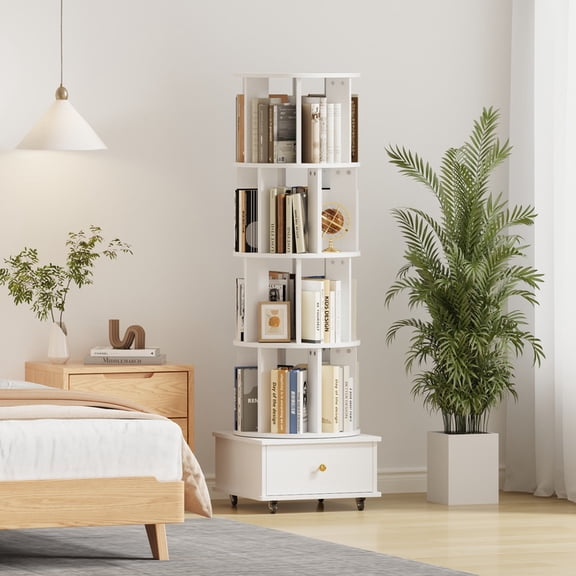 4 Tier Rotating Bookshelf with Drawers On Wheel,360° Display Spinning Corner Book Shelf Tower,Narrow Tall Bookshelves,Small Revolving Bookcase,Wooden Book Shelf Standing Storage Rack for Home