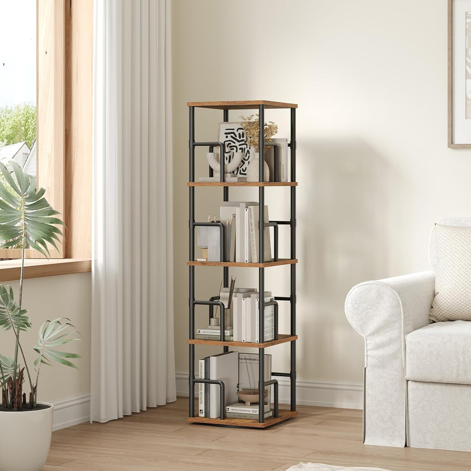 4-Tier Rotating Bookshelf, Freestanding Corner Bookshelf, 360 ...