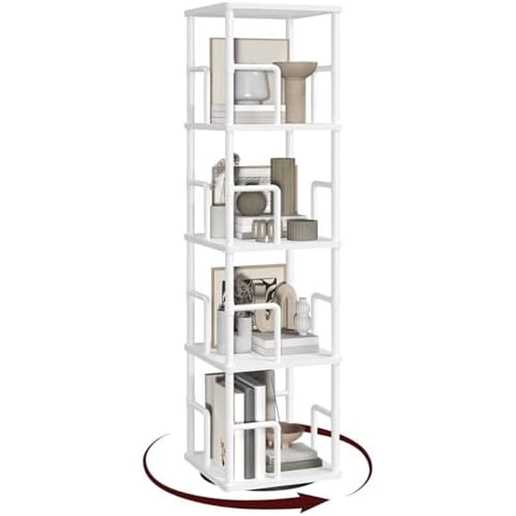 4-Tier Rotating Bookshelf, Freestanding Corner Bookshelf, 360 Spinning Bookcase, Industrial Style Storage Rack with Rails, for Living Room, Bedroom, Study, White BKWT1501