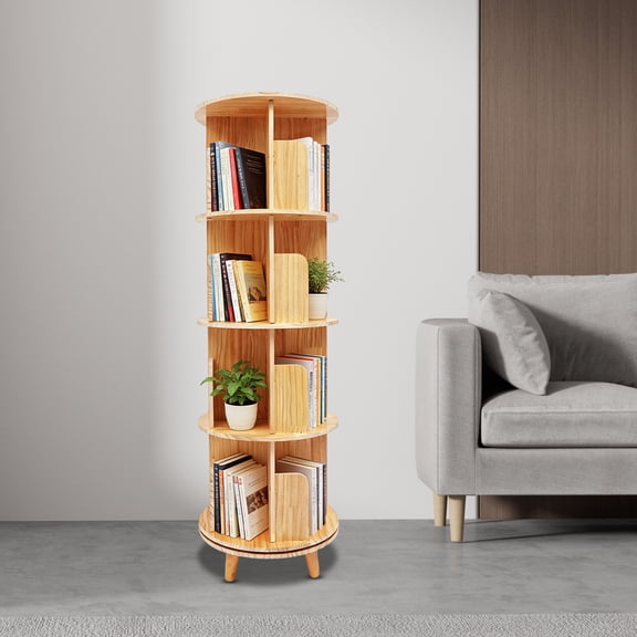 4-Tier Rotating Bookshelf for Kids, 360 Spinning Bookcase for Children, Large Capacity Solid Pine Wood Book Organizer, Freestanding Display Shelf for Nursery Bedroom Playroom, 110lbs Per Tier
