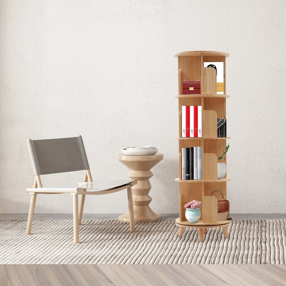 4 Tier Rotating Bookshelf with Legs, Floor Standing Bookshelf Stackable Bookshelf Wood Bookcase Round Bookcase 360 Display Book Shelf for Bedroom Living Room