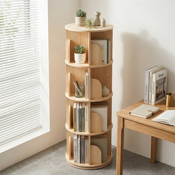 4-Tier Rotating Bookshelf, Solid Pine Wood Spinning Book Shelf Tower, Small Corner Bookcase Storage Organizer for Kids Room, Bedroom & Classroom