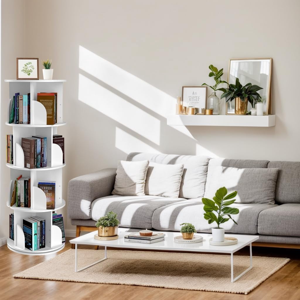 4 Tier Rotating Bookshelf Tower, 360 Spinning Bookcase for Kids ...
