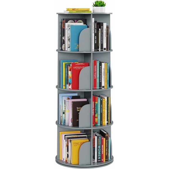 4 Tier Rotating Bookshelf Tower, Spinning Bookcase Lazy Susan, Revolving 360 Book Shelf Storage Round Carousel, Vertical Rotate Turning Spiral Corner Organizer