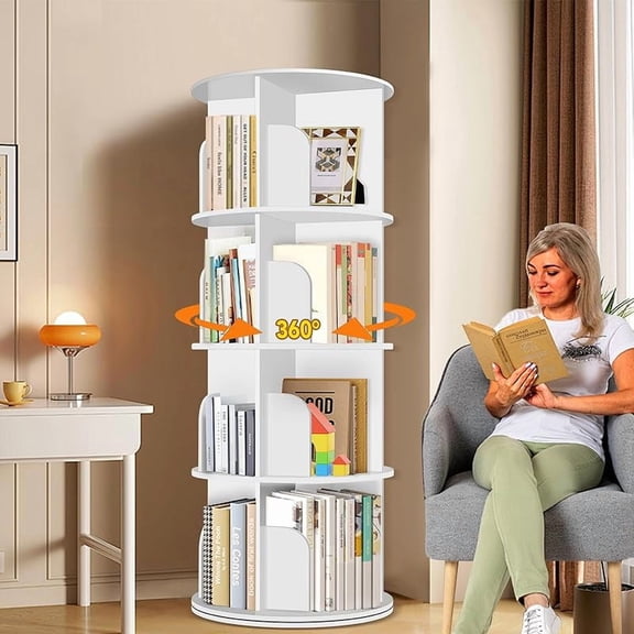 4 Tier Rotating Bookshelf Tower, Spinning Bookshelf, Revolving 360 ° Bookcase Storage Round Carousel, Vertical Rotate Turning Spiral Corner Organizer Lazy Susan, White