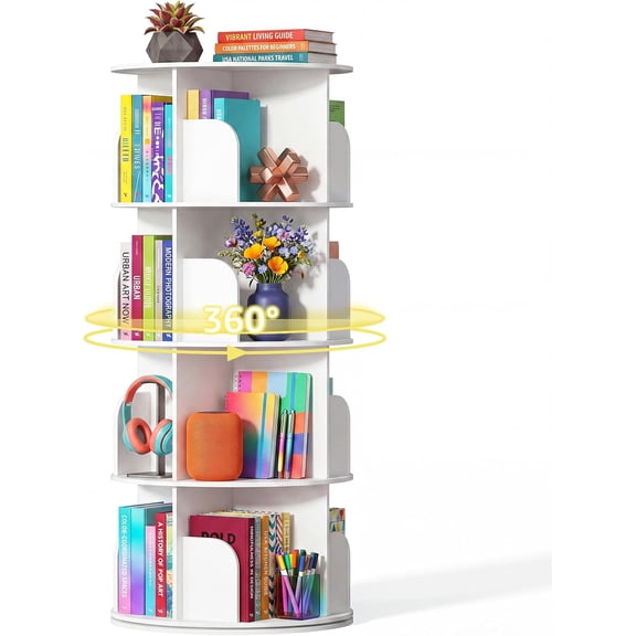 4 Tier Rotating Bookshelf Tower, Study Spinning Bookshelf for Small Space, 360° Display Revolving Bookcase Lazy Susan, Freestanding Vertical Corner Book Shelf for Bedroom, Living Room, White