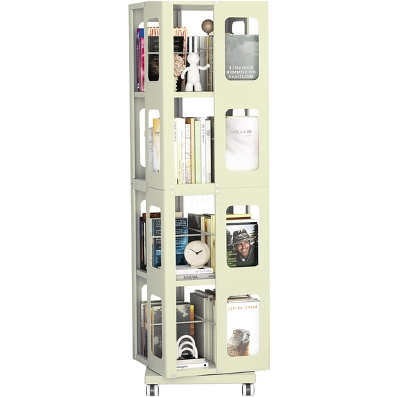 4-Tier Rotating Bookshelf with Wheels, 360 Swivel Book Rack, All-Steel Frame, Yellow Storage Organizer for Home Library