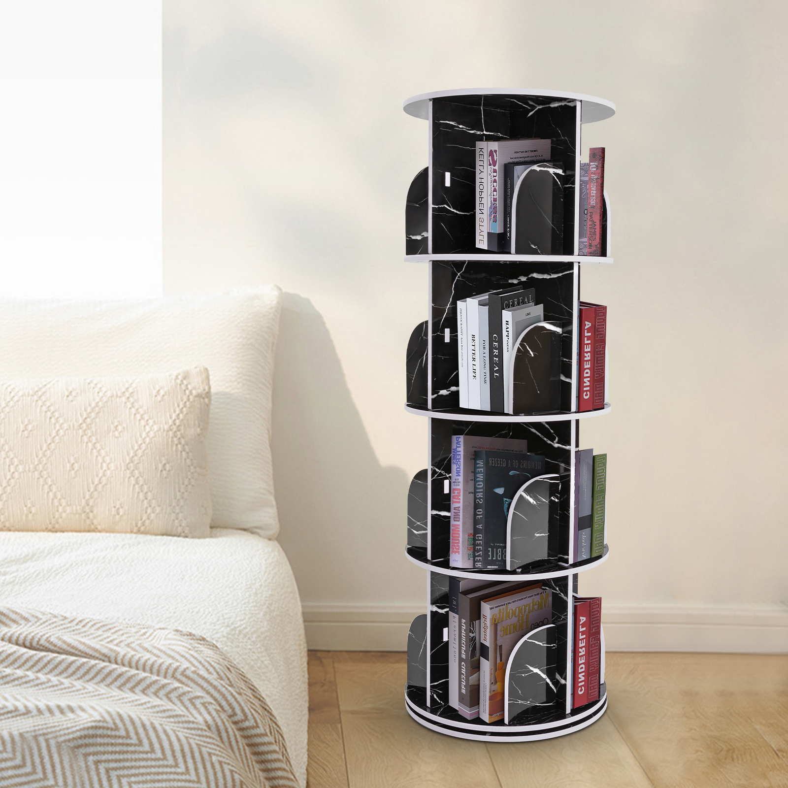 4 Tier Rotating Display Bookshelf - Black Marble 360 View Unique ...