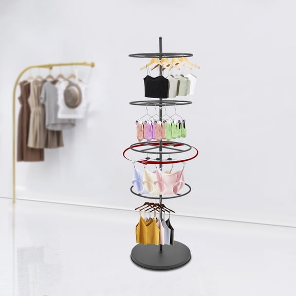 4-Tier Rotating Display Rack 68.9in Tall Black Iron Spinning Clothing Rack with Adjustable Shelf Spacing