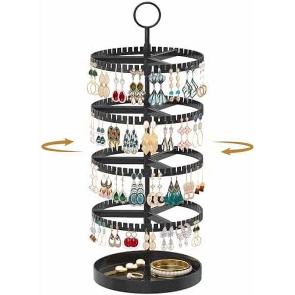 4 Tier Rotating Earring Holder Organizer Display Tree with Metal Tray, Adjustable Plastic Stand with 228 Slots for Stud Hoop Hanger, Large Capacity Storage Rack for Women Space Saving, Black