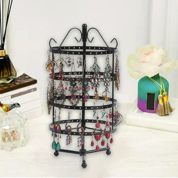 4 Tier Rotating Earring Holder Organizer, Metal Jewelry Display Stand with 360° Rotation, Necklace and Ring Storage Rack for Home Vanity and Jewelry Store
