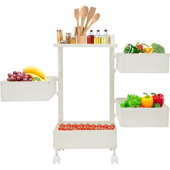 4-Tier Rotating Kitchen Storage Rack 6.61 LBS Utility Cart No Assembly Kitchen Organizer on Rolling Wheels for Bedroom, Laundry Room, Office