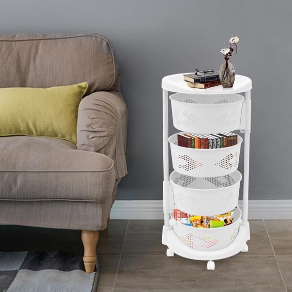 4-Tier Rotating Rack,Kitchen Fruit Vegetable Storage Basket Cart with 5 Wheels 88.18Lbs Rotating Storage Rack Cart, Each Basket 1.97in Adjustable Height Up and Down