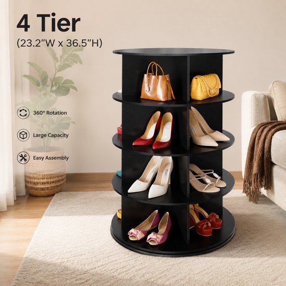 4 Tier Rotating Shoe Rack Tower, 360° Spinning Lazy Susan Shoe Organizer, Revolving Round Carousel for Shoes and Handbags, Black