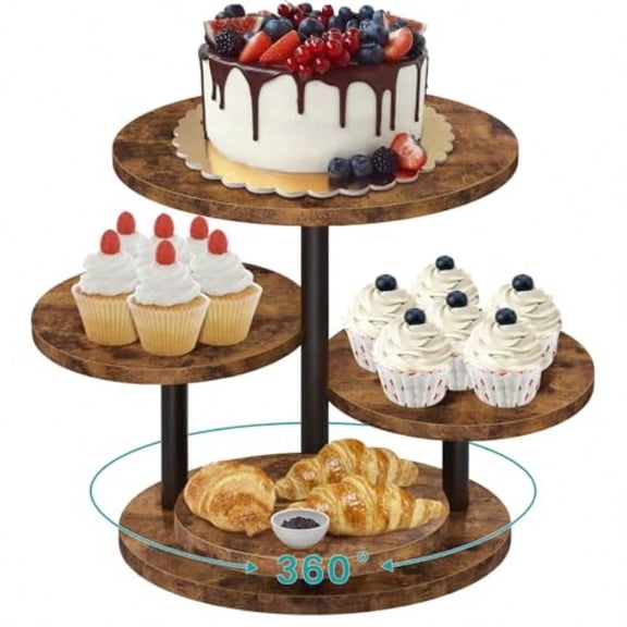 4 Tier Round Cupcake Tower Stand for 50 Cupcakes 360 Rotating Wood Cake Stand with Tiered Trays Farmhouse Cookie Stand for Dert Table Display for Wedding Birthday Shower Tea Party