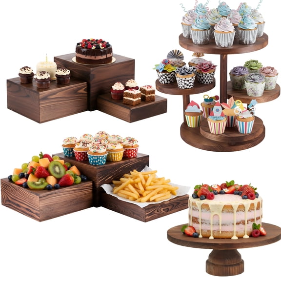 4 Tier Round Cupcake Tower Stand Set Of 8 Wood Cake Stand Tiered Tray Decoration Wooden Display Risers Rustic Buffet Serving Stands For Farmhouse Wedding Birthday Tea Party