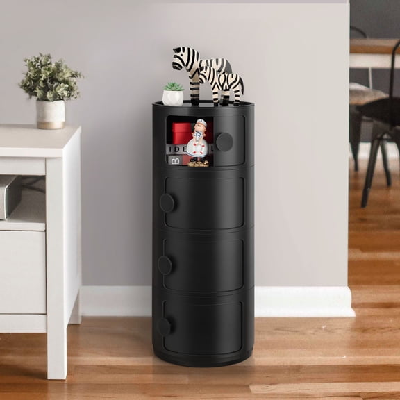 4Tier Round Plastic Storage Cabinet, Black Stackable Nightstand with Drawers