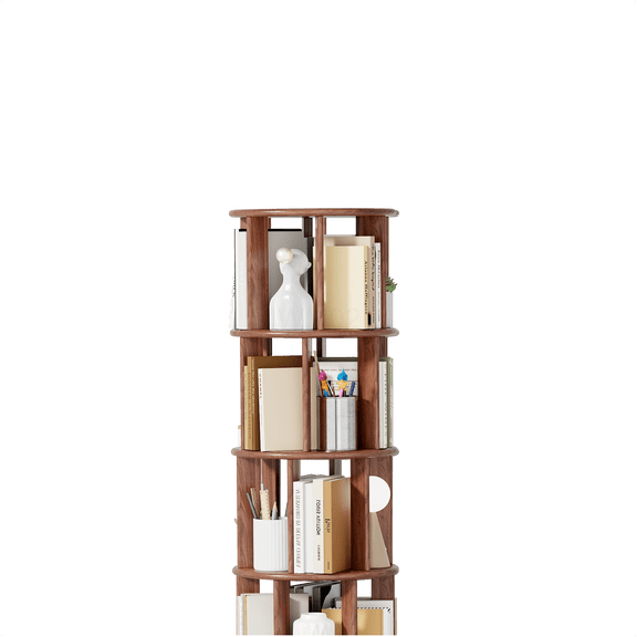 4 Tier Round Revolving Bookshelf with Wheels, 360 Spinning Solid Wood Bookcase, Compact Rolling Storage Shelf for Small Spaces, Corner, Bedroom, Office Use, Walnut Finish