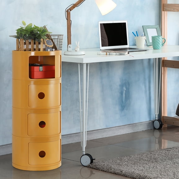 4Tier Round Stackable Plastic Storage Cabinet, Mustard Yellow Nightstand with Sliding Doors