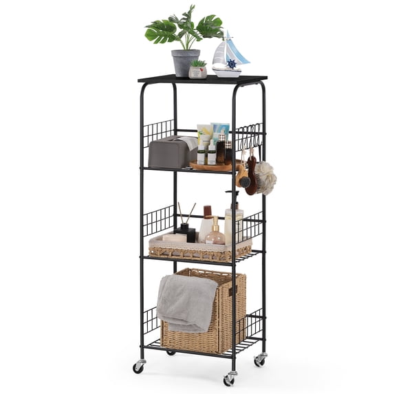 4-Tier Round Tube Wire Storage Rack - Matte Black Frame with Wood Top & 5 Utility Hooks