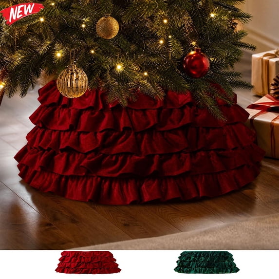 4 Tier Ruffled Christmas Tree Skirt Layered Pleated Polyester Tree Base Cover Burgundy Green Xmas Tree Collar For Home Decor Green Festive Winter Event Cozy Warm Holiday Party