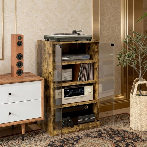 4-Tier Rustic Brown Media Cabinet with Tempered Glass Doors and Adjustable Shelves, Cable Management for AV Components