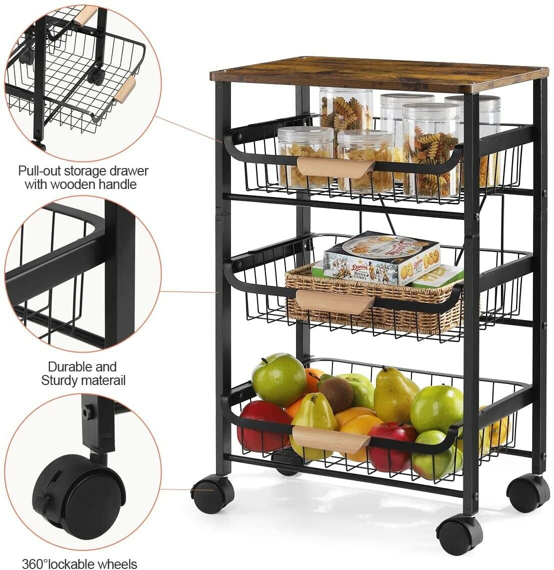4-Tier Rustic Rolling Utility Storage Cart with Wheels, Metal Food ...