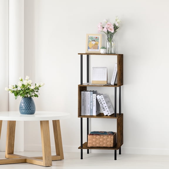 4-Tier S-Shape Corner Bookshelf, Rustic Brown Wood & Metal Small Space Bookcase for Bedroom, Living Room, Home Office