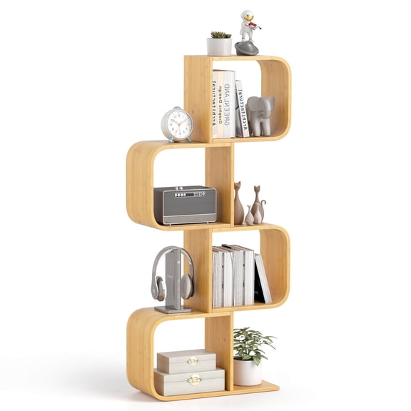 4-Tier S-Shaped Bookcase with 4 Open Cubes Geometric Corner Display Shelf