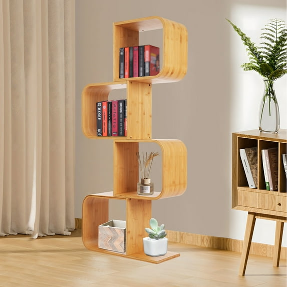 4-Tier S-Shaped Rotating Bookcase, Floor Standing Bookcase Storage Organizer, 360° Display Bookcase Cabinet Corner Bookshelf for Office Home (Wood Color, 22*9*52in)