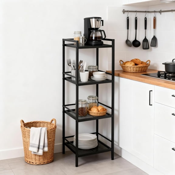 4 Tier Shelf Stand, Narrow Shelf Unit for Small Spaces, Bathroom Rack Organizer, for Laundry, Metal Storage Shelf Bathroom, Kitchen Organization, Black